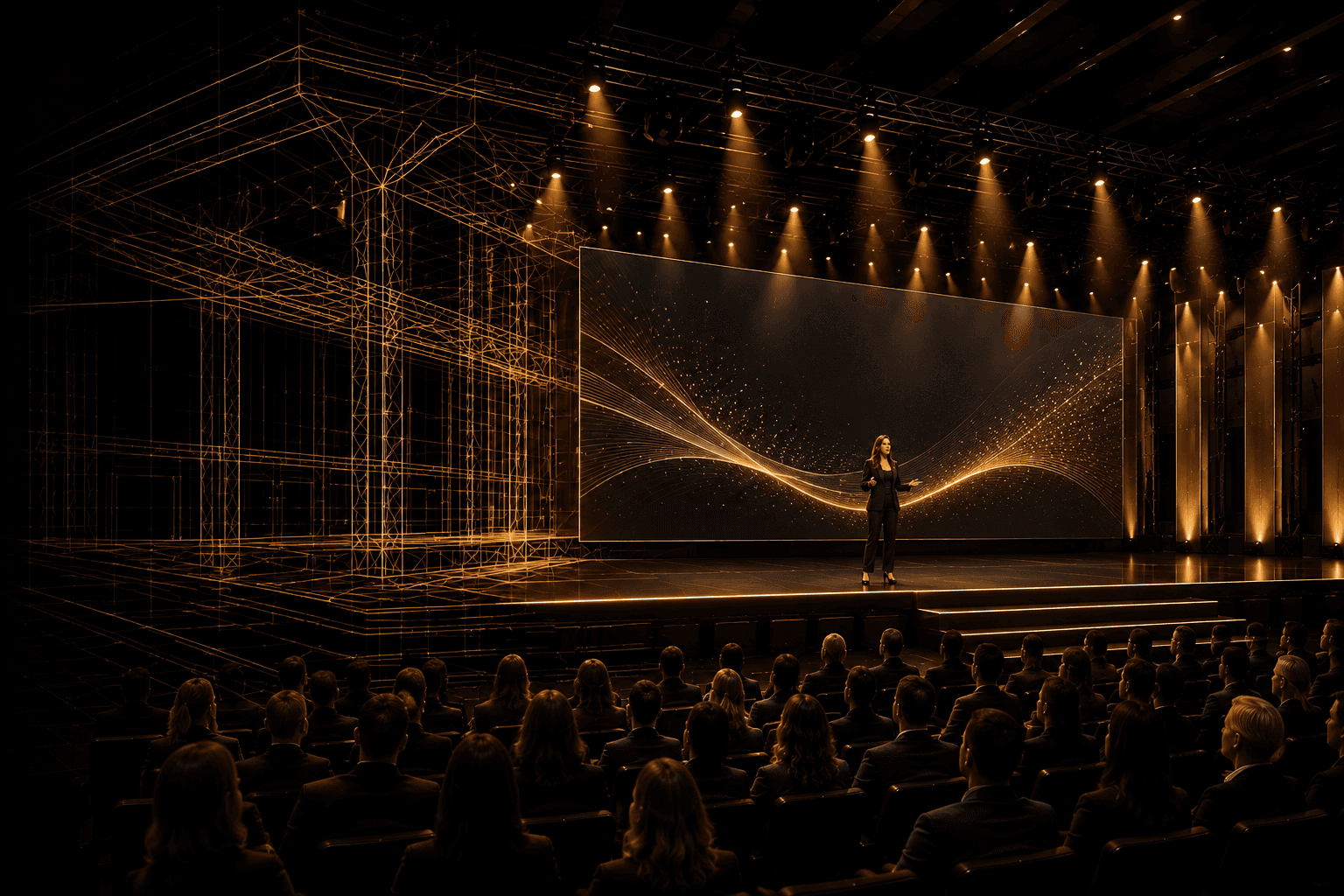 Estrutura arquitetônica de um palco profissional se materializando em um espaço com iluminação e audiência.