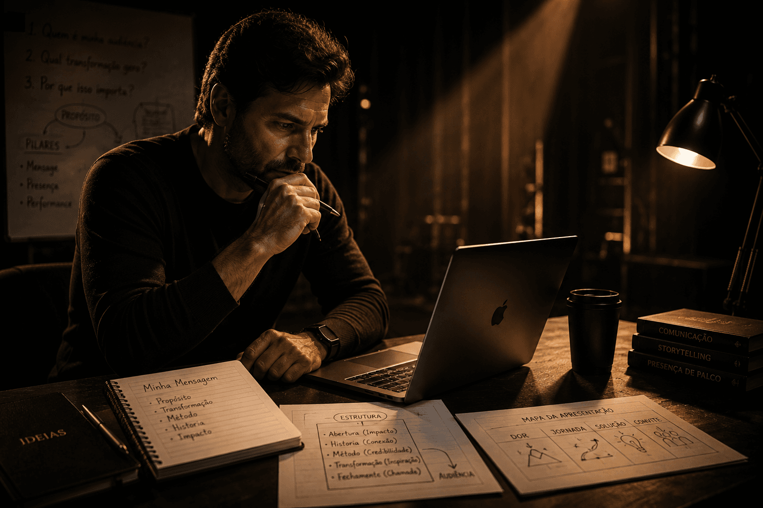Profissional estruturando sua mensagem entre anotações, mapas de apresentação e um computador.