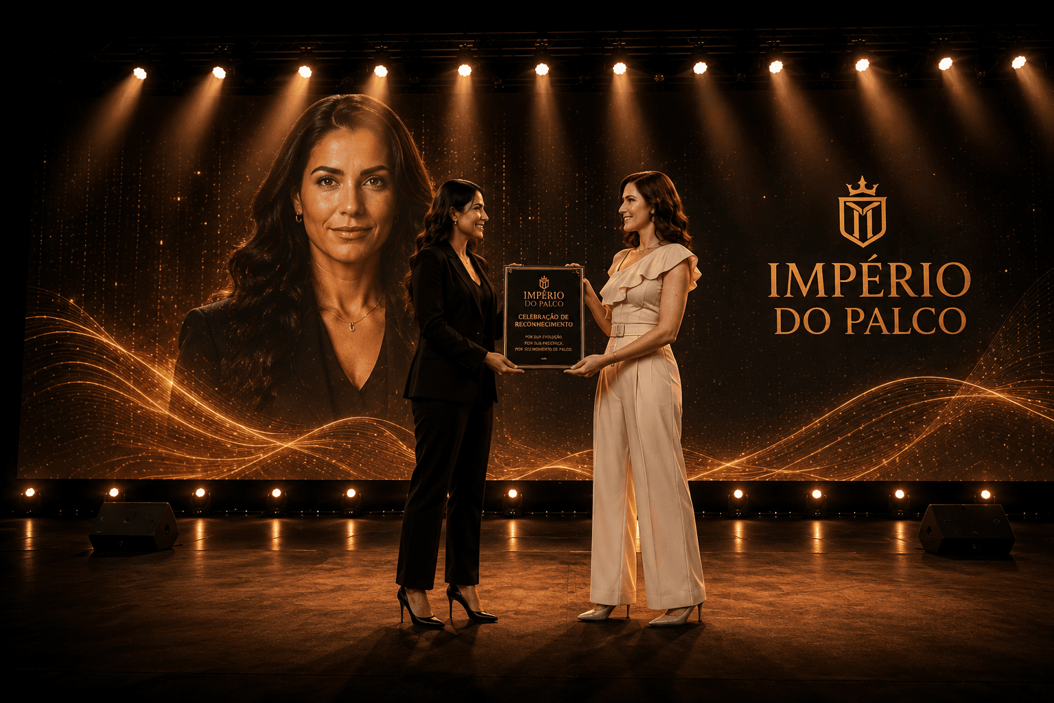 Duas mulheres no palco segurando a placa da Celebração de Reconhecimento do Império do Palco.