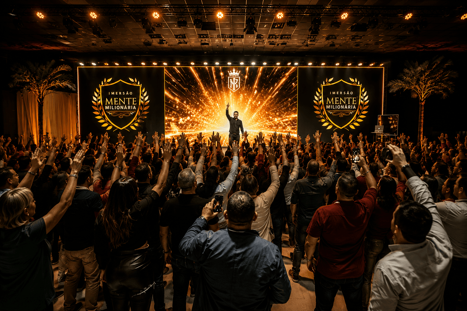Audiência em pé participando de uma experiência presencial diante do palco.