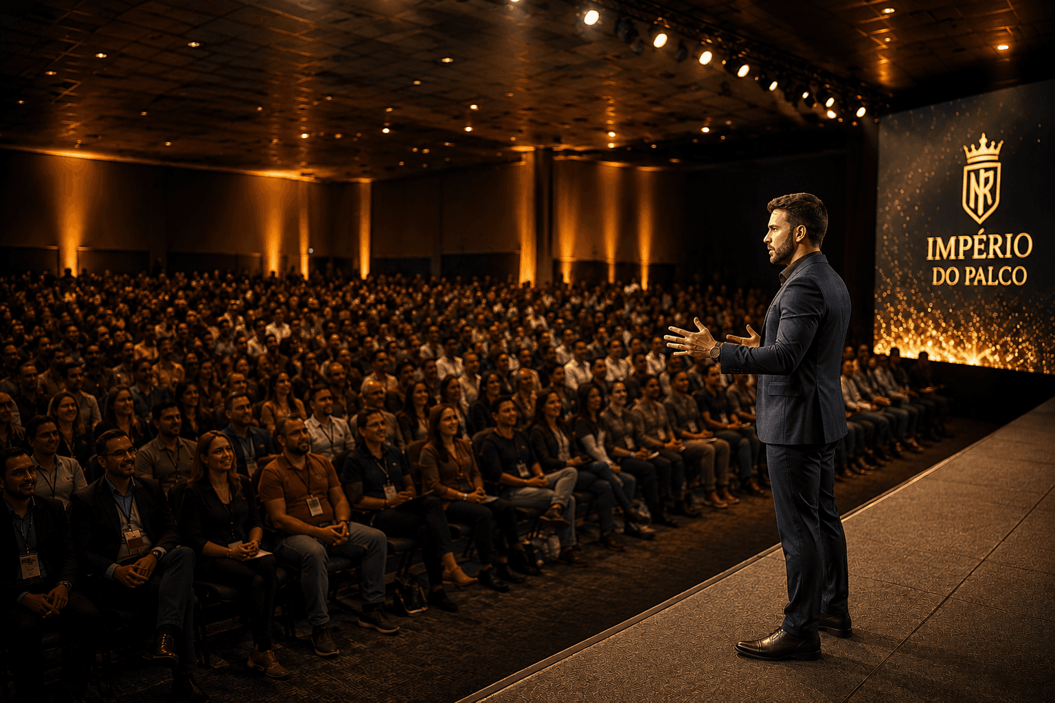 Palestrante diante de uma grande audiência em evento presencial.