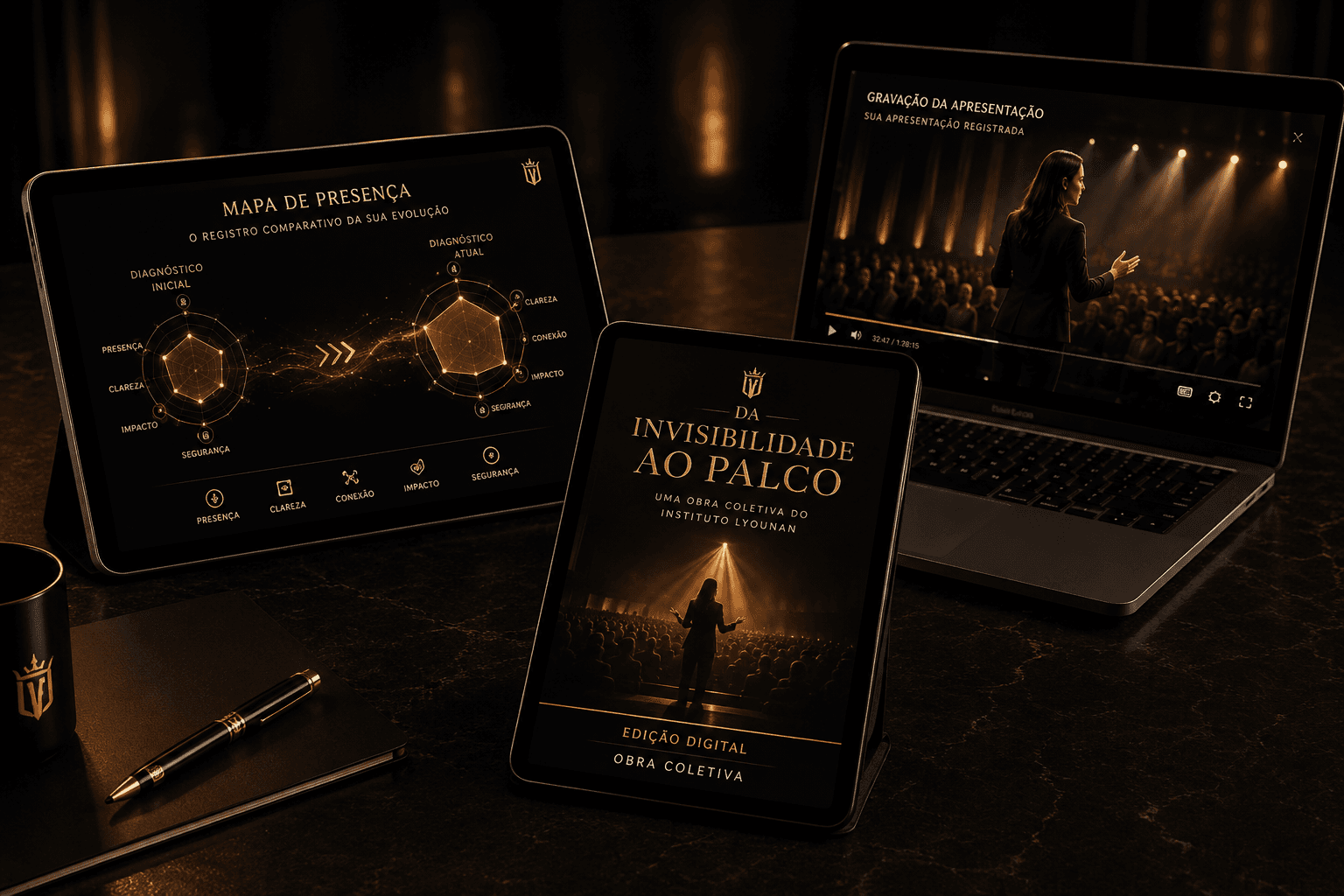 Composição dos entregáveis do Império do Palco com Mapa de Presença, Playbook, gravação, fotografias e o livro Da Invisibilidade ao Palco.